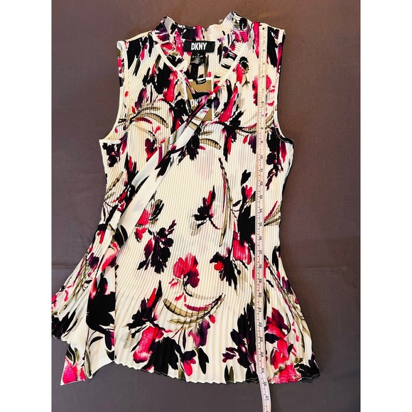 NWT DKNY Women's Pleated Floral Sleeveless Tie Neck Blouse Top - Picture 6 of 7